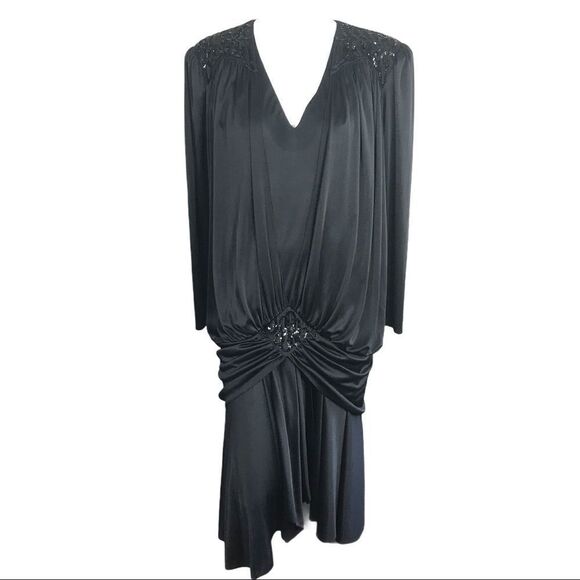 Abby Kent Vintage Black Glam Draped Sequin High-Low Midi Dress - Picture 1 of 13
